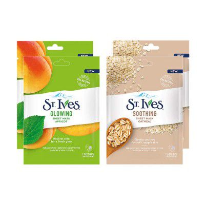 St Ives Natural Face Sheet Masks, with 100% Cotton & Natural Extracts, Paraben Free, 2 Pcs Glowing Apricot + 2 Pcs Soothing Oatmeal, (Pack Of 4)