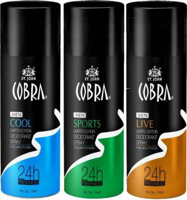 ST-JOHN Cobra Deo Live & Sports 150 ml (Pack of 2) + Cobra Deo Cool  (3 Items in the set)
