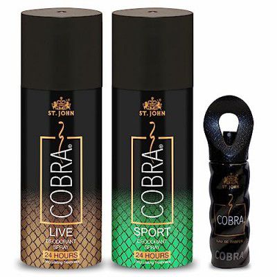 ST.JOHN COBRA Live and Sports Limited Edition Long Lasting Protection Deodorant Spray for Men 150ml Each + Cobra Perfume 30ml for Men and Women- Pack of 3