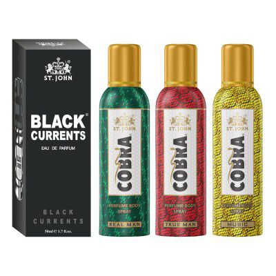 ST-JOHN Cobra No Gas Deo True Man, Real Man, Music 100ml each & Black Current 50ml Combo Perfume Body Spray - For Men & Women 350 ml, Pack of 4