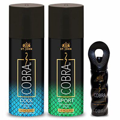ST.JOHN Cobra Perfume Body Spray For Men & Women | 24 Hours Freshness Long Lasting Deodrant Live & Sports 150 ml each & Cobra Perfume 15ml (Pack of 3)
