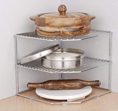 Stainless Steel 2-Tier Corner Storage Rack, Multipurpose Kitchen Organizer Shelf Stand for Spices & Essentials (Silver)(NHSP)