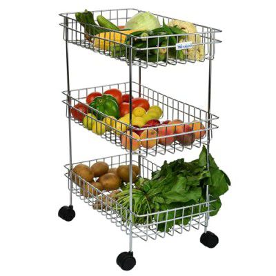 Stainless Steel 3 Layer Multipurpose Shelf Rack and Wheel Trolley for Fruits Vegetables and Cutlery Storage in Kitchen and Home (3 Shelfr with Rolling Cluster)