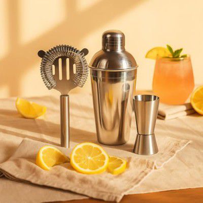 Stainless Steel Cocktail Shaker Set | Premium Cocktail Shaker Set with Strainer and Jigger | Perfect for Home Parties | Gifting | Set of 3