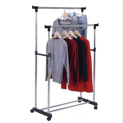 Stainless Steel Portable Double Pole Telescopic Clothes Rack, Fold-able Single Clothes and Garment Hanging Rack, Laundry Drying Stand with Wheels for Indoor and Outdoor