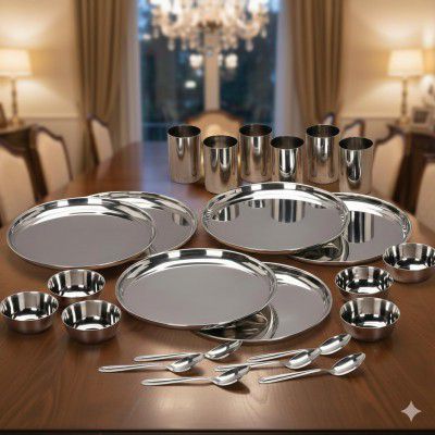 Stainless Steel Solid Heavy Mirror Finish Dinner Set of 24 Pcs (6 Plate, 6 Bowl/Wati, 6 Glass, 6 Spoon), Silver Dinning Set