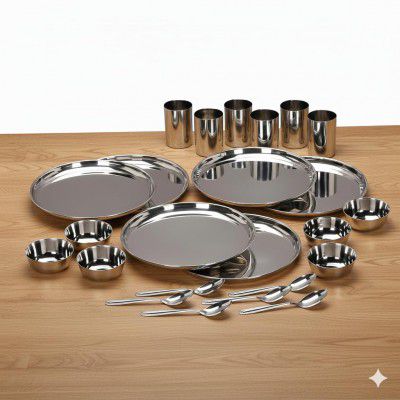 Stainless Steel Solid Heavy Mirror Finish Dinner Set of 24 Pcs (6 Plate, 6 Bowl/Wati, 6 Glass, 6 Spoon), Silver