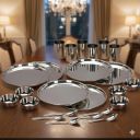Stainless Steel Solid Heavy Mirror Finish Dinner Set of 24 Pcs (6 Plate, 6 Bowl/Wati, 6 Glass, 6 Spoon), Silver Dinning Set...