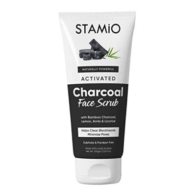 STAMIO Activated Charcoal Face Scrub 100 gm for Men & Women | All Skin Types | Bamboo | Blackheads | Whiteheads | Dark Spots