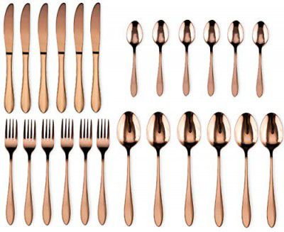Star Work 24 Piece Cutlery Set | Gold Coated Stainless Steel Grade 304 (Set of 24 – 6 Spoon + 6 Fork + 6 Knife | 6 Tea-Spoon)