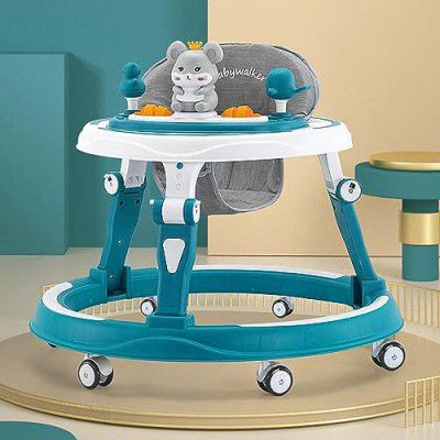 StarAndDaisy 360? Baby Walker Adjustable Height, Multi-Function Anti-Rollover Folding Walker with Height Adjustable 6-18 Months Baby Walker with Recreational Toy bar (Intelli-Blue)