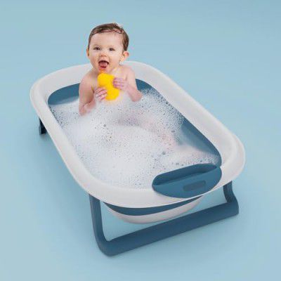 StarAndDaisy Foldable Infant Bath Tub, Collapsible Space Saving Newborn Toddler Folding Bathtub for 0-3 Years Kids Girls & Boys Soap Tray, Easy to Store (BT-Blue)