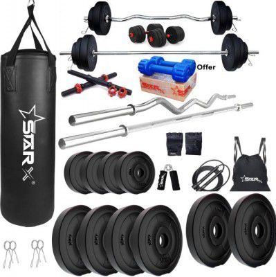 STARX 50 kg with 3FT Curl and 5FT Straight Rod Unfilled Punching Bag & PVC Dumbbells Home Gym Combo