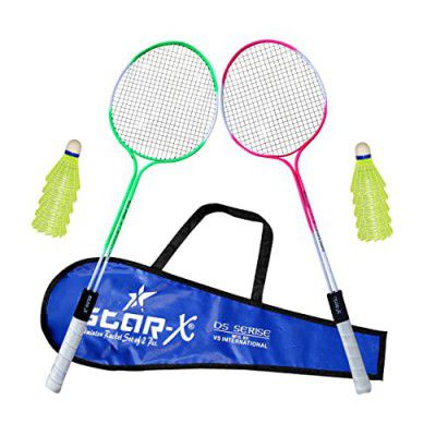 StarX Aluminum Shaft Unisex Badminton Racket with Double Wiring, Soft Grip, Light Weight, Cover Protected and Shuttle Cock (Multicolour) - Pack of 10