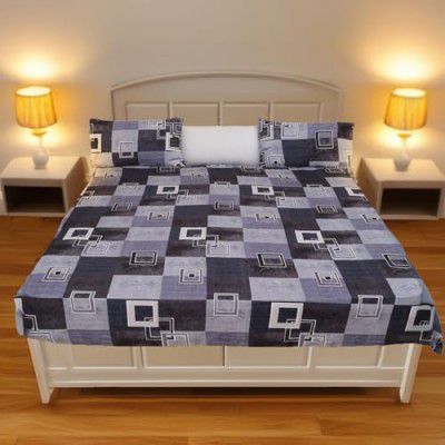 Status Contract 2024 Cotton Rich Double Fitted Bedsheet with 2 Pillow Covers for Bed Room, Home, Hotel-120 GSM (Blue Square)