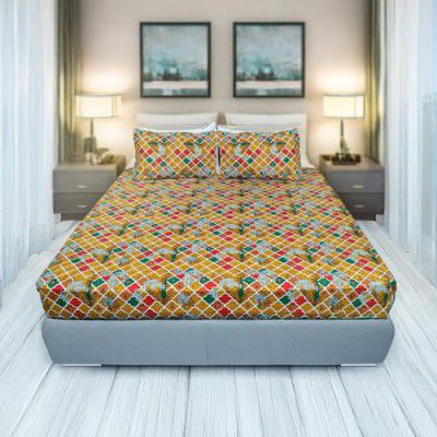 Status Contract Cotton Rich Jaipuri Rajasthani Double Bedsheet with 2 Pillow Covers for Bed Room, Home, Hotel-120 GSM (Yellow)