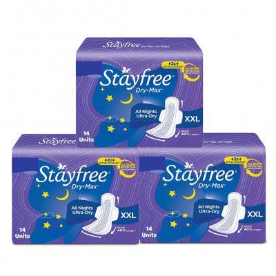 Stayfree Dry Max All Night Sanitary Pads – 42 Pads (Pack of 3 × 14) 