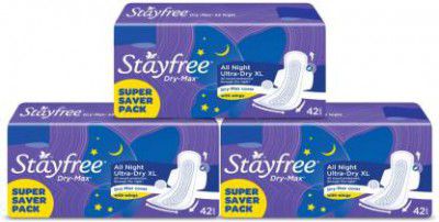 STAYFREE Dry-Max All Nights| All round protection through the night| 2x better coverage Sanitary Pad  (Pack of 126)