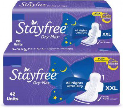 STAYFREE Dry-Max All Nights| All round protection through the night| 2x better coverage Sanitary Pad  (Pack of 70)