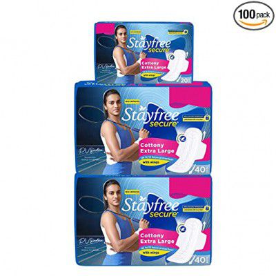 Stayfree Secure Cottony Soft Extra Large (XL) Sanitary Napkin pads with wings for Women, Offer pack of 100 Pads, white