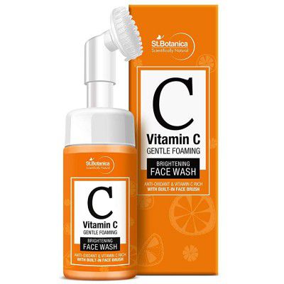 StBotanica Vitamin C Brightening Foaming Face Wash with Built in Brush 120ml - With Stabilised Vitamin C, Turmeric, Saffron, No Sulphate, Parabens