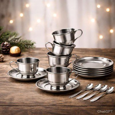 Steel Cup and Saucer|Coffee Cup with Plate with Spoon |Tea Cup with Plate|Double Wall|Cup with Handle|Unbreakable Cups|Mirror Finish|BPA Free