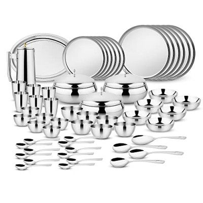 Steelcraft Premium Stainless Steel Apple Dinner Set 57 Pcs, High Grade Quality-with Silver Touch Finish, Kitchen Set for Home, Made in India, Steel Colour