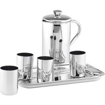 Steelcraft Premium Stainless Steel Aqua Lemon Set 1 JUG/ 4 Glasses(300 ML) & Serving Tray/for Kitchen/Tableware Set/for Gift Item, to Serve Water and Juice, Silver Colour