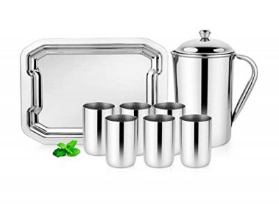 Steelcraft Premium Stainless Steel Aqua Lemon Set 1 JUG/ 6 Glasses(300 ML) & Serving Tray/for Kitchen/Tableware Set/for Gift Item, to Serve Water and Juice, Silver Colour