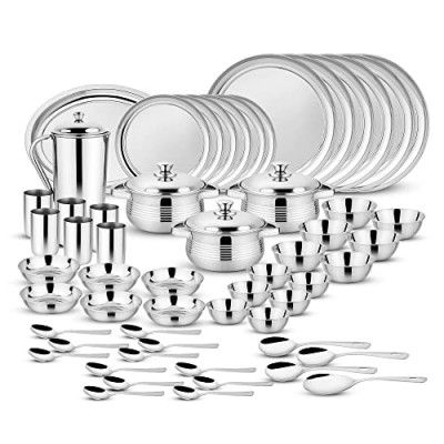 Steelcraft Premium Stainless Steel Bliss Dinner Set 57 Pcs, High Grade Quality-with Silver Touch Finish, Kitchen Set for Home, Made in India, Steel Colour