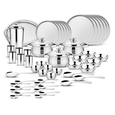 Steelcraft Premium Stainless Steel Dinner Set of 51 Pcs, High Grade Quality-with Silver Touch Finish, Kitchen Set for Home, Made in India, Steel Colour