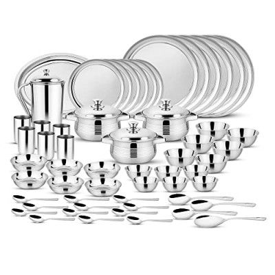 Steelcraft Premium Stainless Steel Dinner Set (Super Deluxe) 57 Pcs, High Grade Quality-with Silver Touch Finish, Kitchen Set for Home, Made in India, Steel Colour