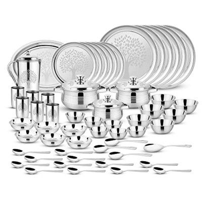 Steelcraft Premium Stainless Steel Dinner Set (Super Deluxe Laser) 57 Pcs, High Grade Quality-with Silver Touch Finish, Kitchen Set for Home, Made in India, Steel Colour