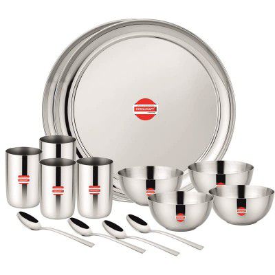 Steelcraft Premium Stainless Steel Farm Dinner Set-16 Pcs High Grade Quality-with Silver Touch Finish, Kitchen Set