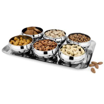 Steelcraft Premium Stainless Steel Flora Bowl 7 Pcs Set with Tray (Silver, 290 ML Each)