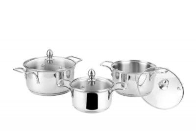 Steelcraft Premium Stainless Steel Induction Bottom Raven Cookware Family Combo Best for Cook and Serve Set of 3 pc Casserole (14cm, 850ml) (16cm, 1300ml)(18cm, 1800ml) with Glass Lids, Silver