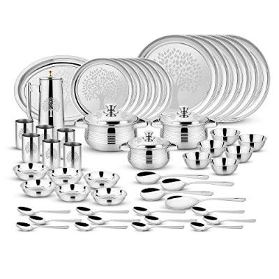Steelcraft Premium Stainless Steel Kalpatru Dinner Set (Laser) 51 Pcs, High Grade Quality-with Silver Touch Finish, Kitchen Set for Home, Made in India, Steel Colour