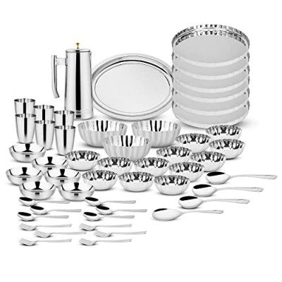 Steelcraft Premium Stainless Steel Mushroom Dinner Set 51 Pcs, High Grade Quality-with Silver Touch Finish, Kitchen Set for Home, Made in India, Steel Colour