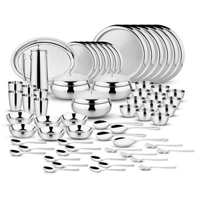 Steelcraft Premium Stainless Steel Rajwada Dinner Set 63 Pcs, High Grade Quality-with Silver Touch Finish, Kitchen Set for Home, Made in India, Steel Colour