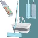 STELLIX Mop Pocha for Floor Cleaning with Bucket|Flat Squeeze Self Cleaning Mop with Foldable Bucket|Two Reusable Microfibre pad (Green Mop with Grey Foldable Bucket)...