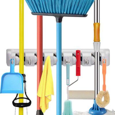 STELLIX Plastic Broom Holder Wall Mounted | Heavy Duty Mop Holder for Bathroom, Kitchen, Garden and Garage | Premium Tool Organizer with 5 Mop Stick Holder and 6 Utility Hooks, Hanging Shelves