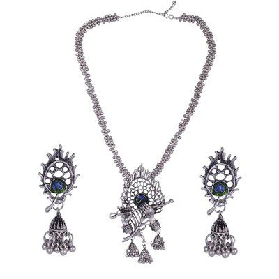 Steorra Jewels Afghani Traditional Indian Jewellery Ethnic Radha Krishna Silver Oxidized Long Necklace Set With Earrings For Women (long necklace set)