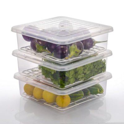 Stewit Fridge Storage Boxes Fridge Organizer with Removable Drain Plate and Lid Stackable Fridge Storage Freezer Storage Containers for Fish, Meat, Vegetables, Fruits (2500ML, Pack of 3)
