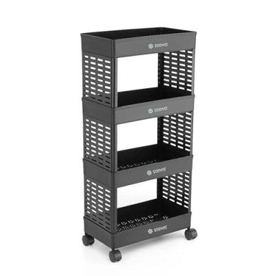 Stewit Plastic Multipurpose 4-Tier Floor Mount Corner Shelf Kitchen Organizer Rack/Storage (4XL, Black)