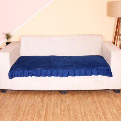 STITCHNEST 2 Seater Quilted Velvet Sofa Cover Protector with Frill (Blue)