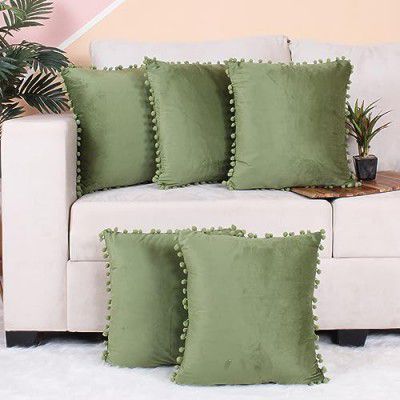 STITCHNEST Both Side Holland Velvet with Pompom Cushion Cover Set of 5 (12 x 12 Inches)