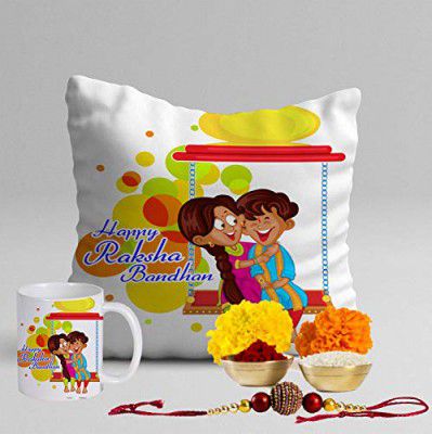 STITCHNEST ccs_s01_rkh_d013_Mug_wf Canvas 200TC Cotton Cushion Cover with Hamper Set of Mug Combo (12 x 12 inches with Filler, s01)
