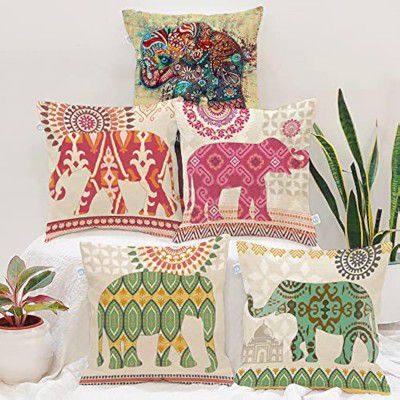 STITCHNEST Elephant Printed Jute Cushion Cover Set of 5 (24 X 24 Inches)