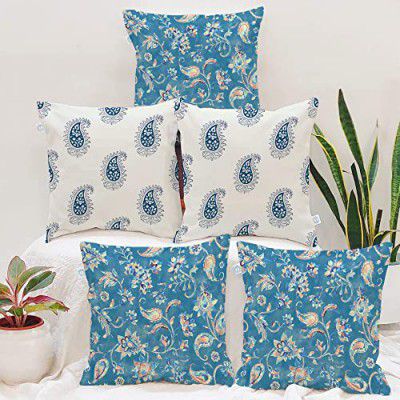 STITCHNEST Floral Decorative Blue and White Printed Poly Cotton Square Cushion Covers (12 X 12 Inches, Set of 5)