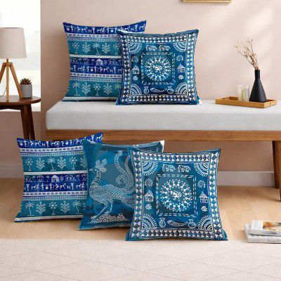 STITCHNEST Indigo Tribal Warli Art Printed Cushion Cover Set of 5 
